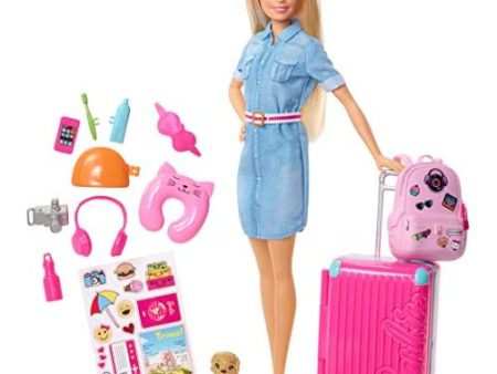 Barbie Travel Doll Blonde with Puppy, Suitcase, Stickers and 10+ Accessories Online