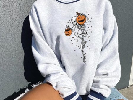 Women s Halloween Pumpkin Skull Print Sweatshirt Online now